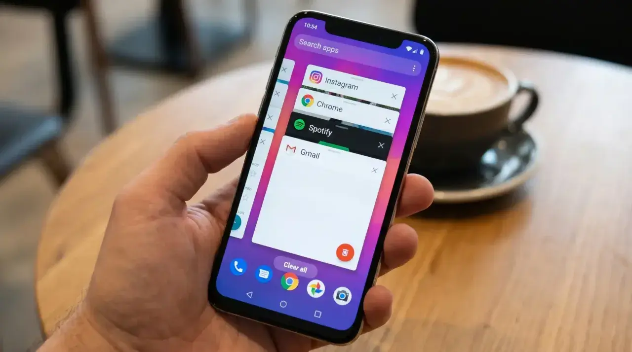 Mano sujetando un teléfono que muestra la pantalla de aplicaciones recientes, con Instagram, Chrome, Spotify y Gmail abiertas. Gestionando aplicaciones en segundo plano.