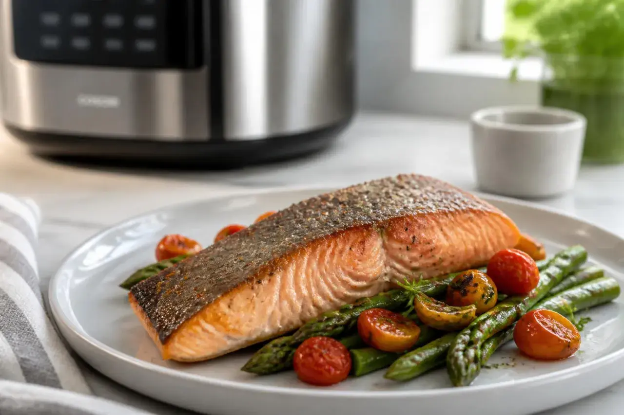 Un délicieux saumon au air fryer, servi avec des asperges et des tomates cerises. Un repas sain et savoureux.