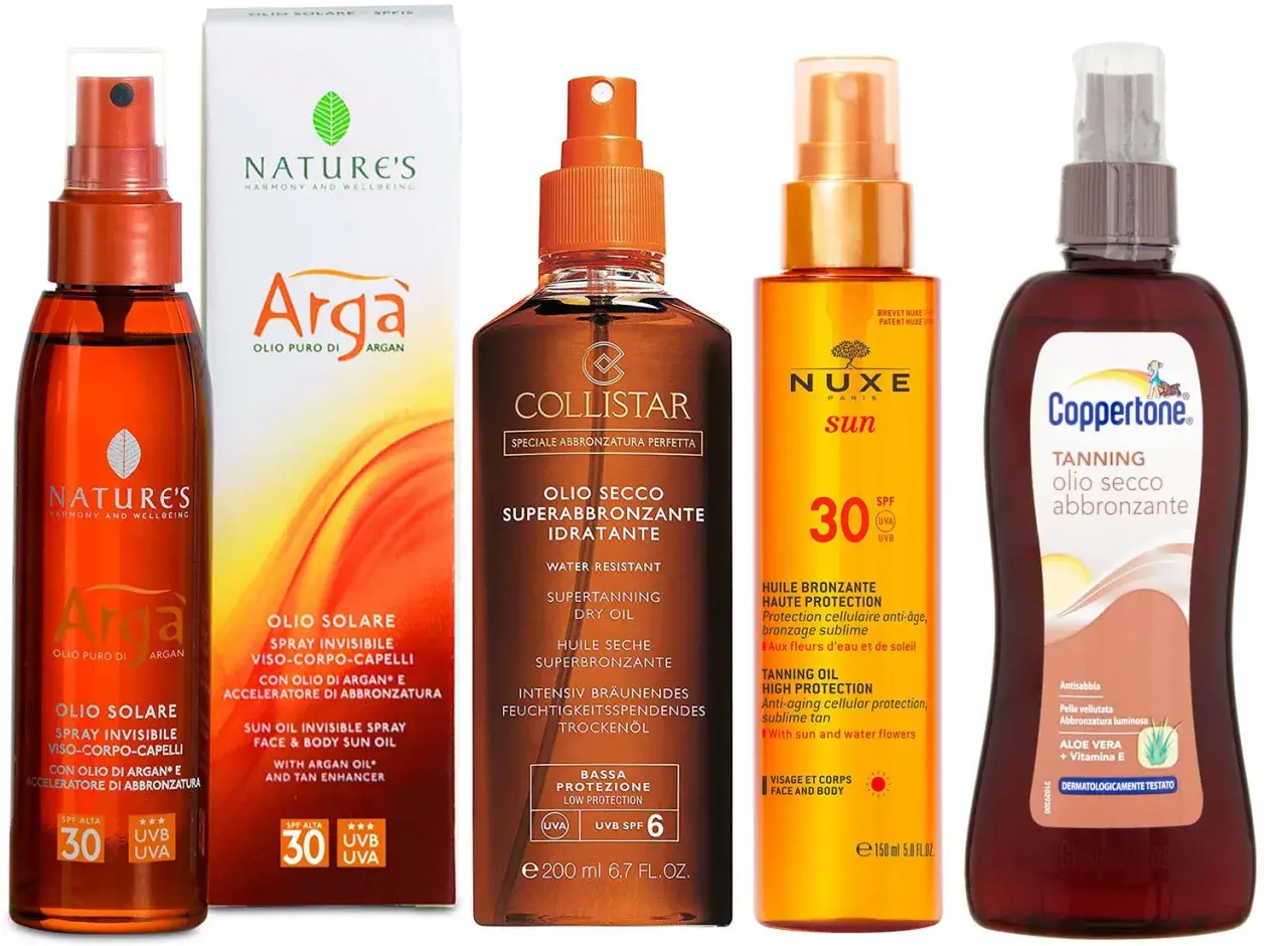 Vari oli abbronzanti, tra cui Nature's, Collistar, Nuxe e Coppertone, mostrano come funziona l'olio abbronzante per una pelle dorata e protetta.