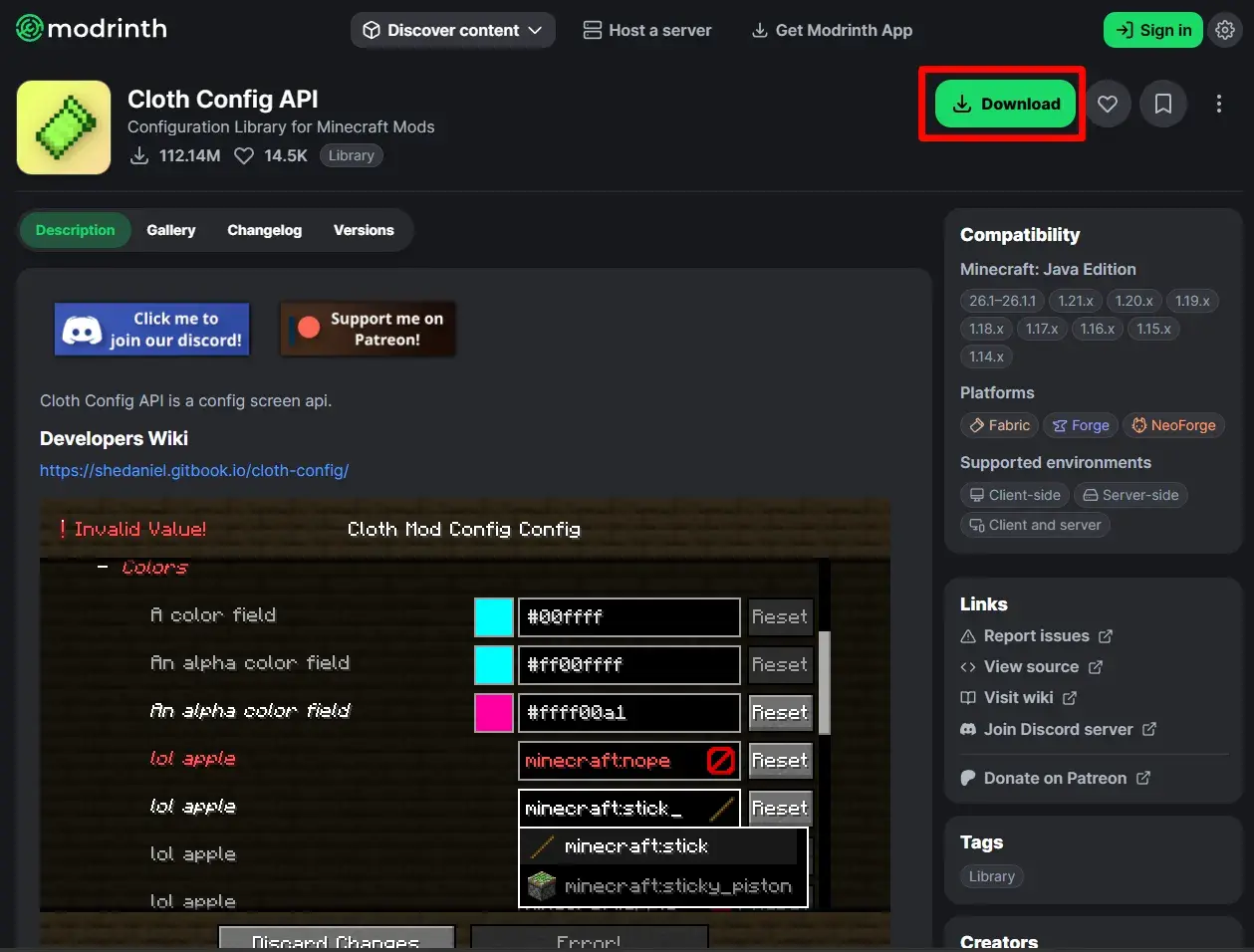 Pobierz Cloth Config API, bibliotekę konfiguracji dla modów Minecraft. Strona zawiera opcje pobierania i informacje o kompatybilności.
