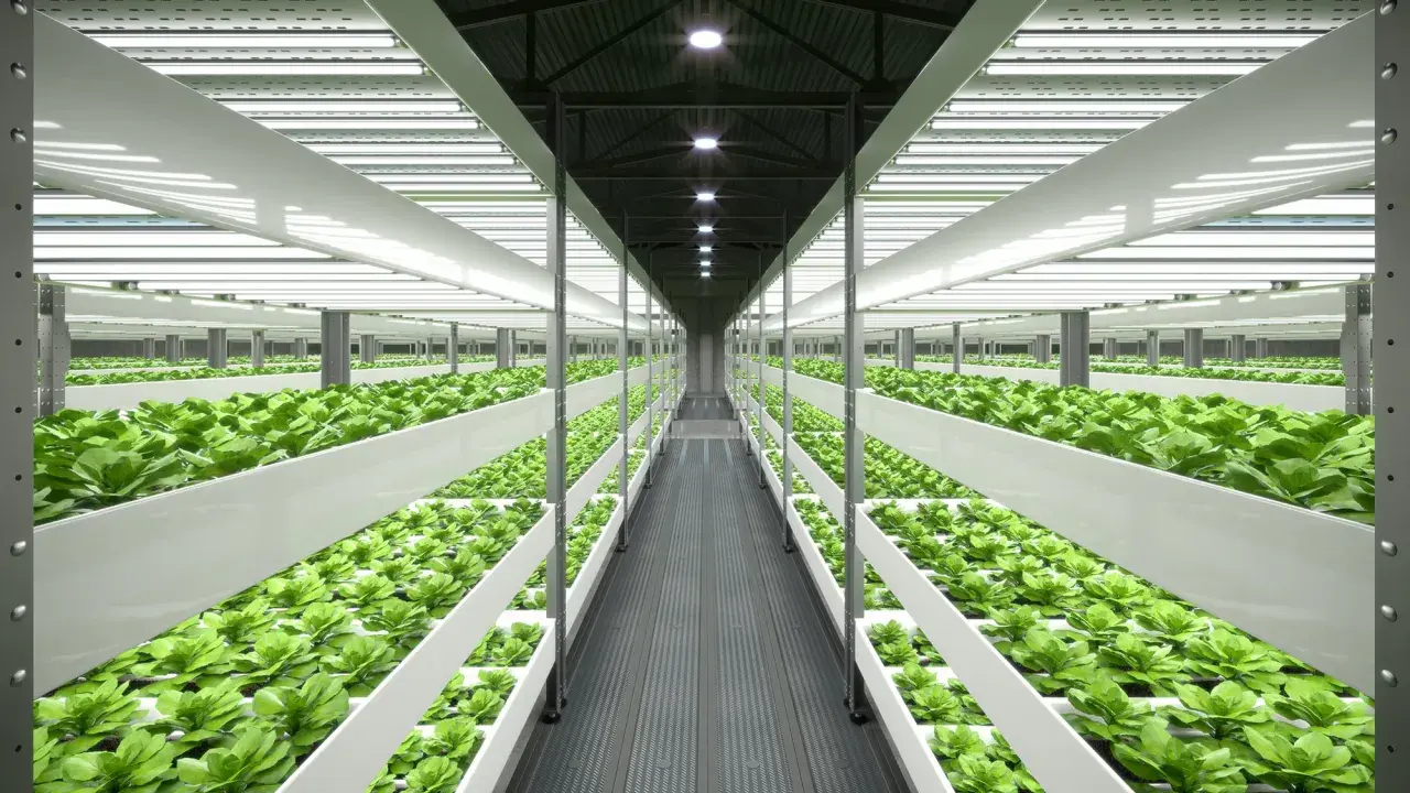Un'enorme serra verticale con file infinite di lattuga verde brillante, illuminata da luci a LED. Un esempio di come coltivare in casa in modo efficiente.