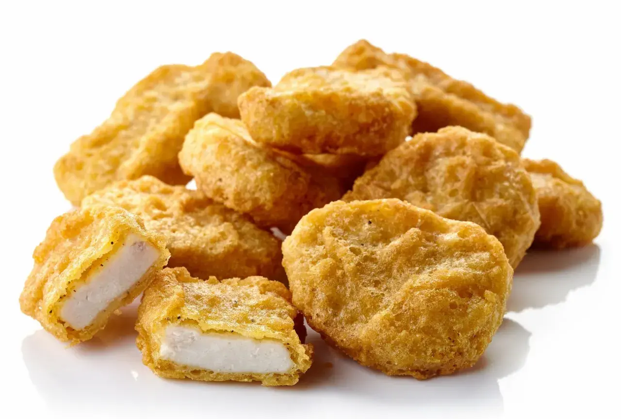 Złociste nuggetsy z kurczaka, jeden przekrojony, ukazujący białe mięso. Ile kcal ma 6 mcnuggets?