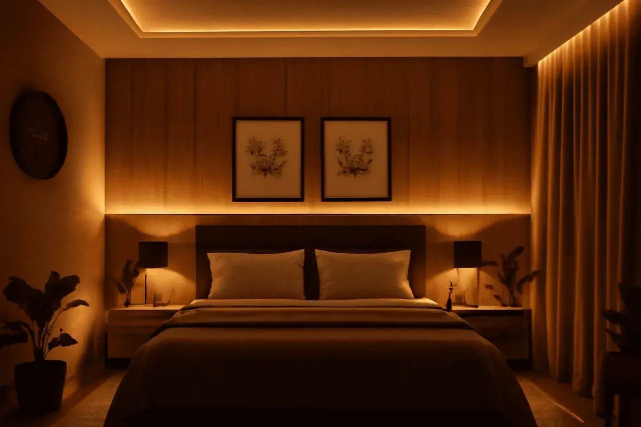 Habitación acogedora con luz cálida, ideal para saber qué color de luz es mejor para dormir.