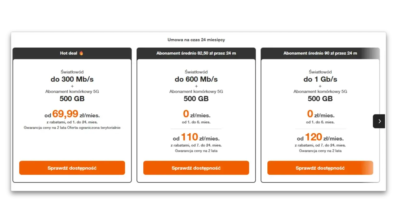 Oferty Orange: światłowód do 300 Mb/s z 500 GB internetu komórkowego za 69,99 zł/mies. Sprawdź, jak sprawdzić ile zostało internetu Orange abonament.