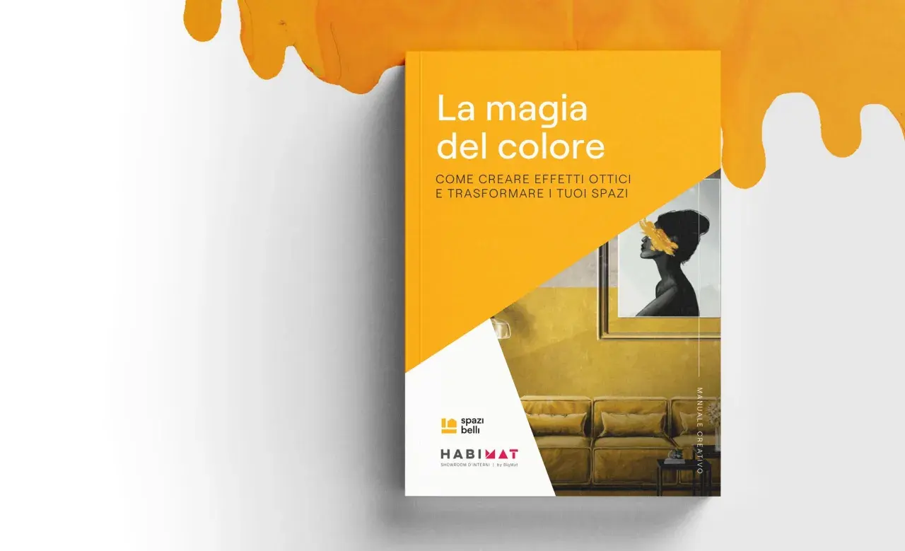 Libro "La magia del colore": come creare il giallo perfetto per trasformare i tuoi spazi. Immagine di un divano giallo e profilo di donna.
