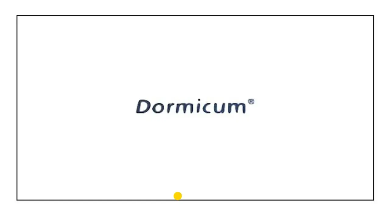 Napis "Dormicum" z małą żółtą kropką poniżej. Dormicum to nazwa handlowa leku zawierającego midazolam.