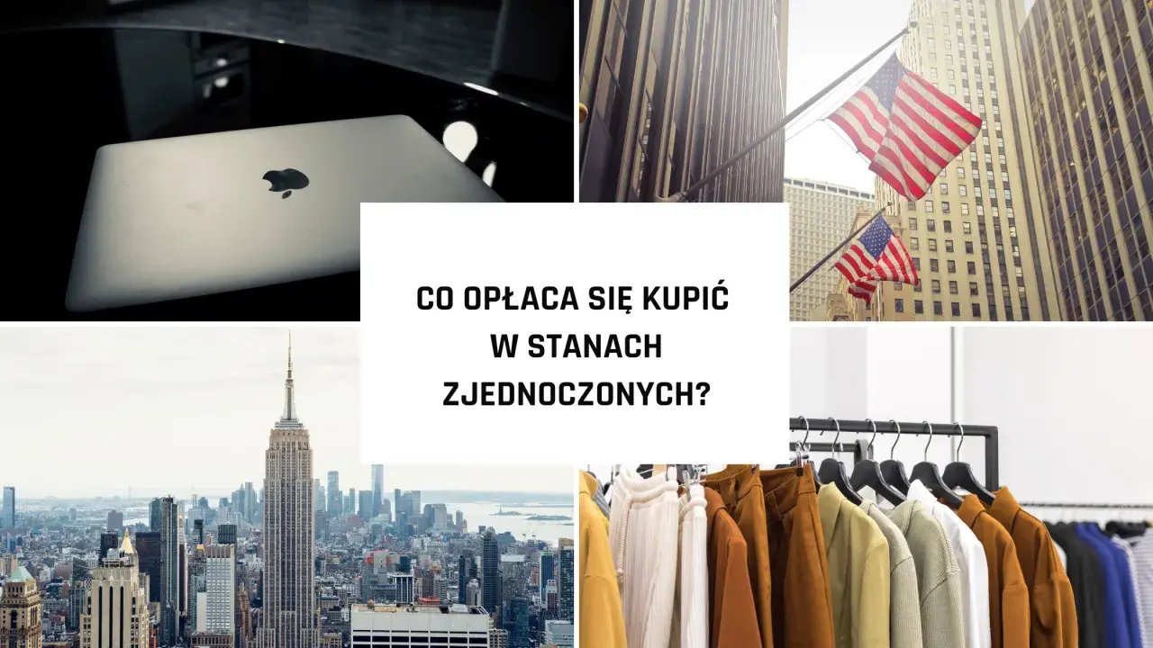 Laptop Apple, flagi USA, drapacze chmur w Nowym Jorku i ubrania na wieszakach.