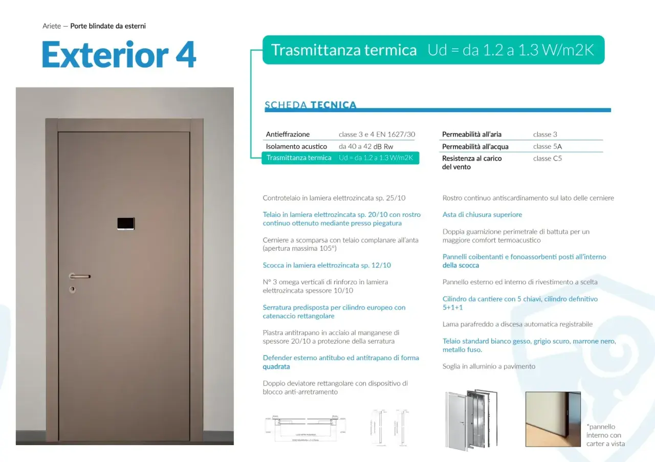 Porta blindata Exterior 4 con eccellente trasmittanza termica Ud = 1.2-1.3 W/m2K per un comfort ottimale.