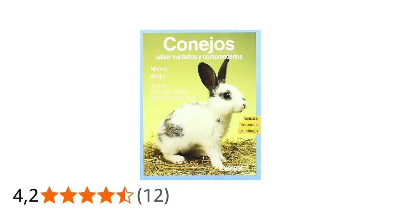 Un conejo blanco y negro en un libro sobre qué comen los conejos y cómo cuidarlos.