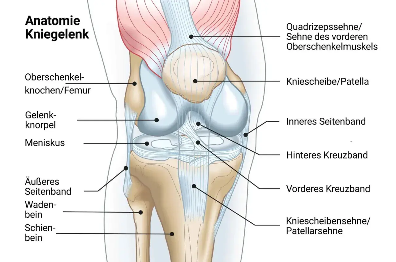 Anatomische Darstellung des Kniegelenks mit Knochen, Bändern und Muskeln. Ein steifes Knie kann viele Ursachen haben, wie hier abgebildet.
