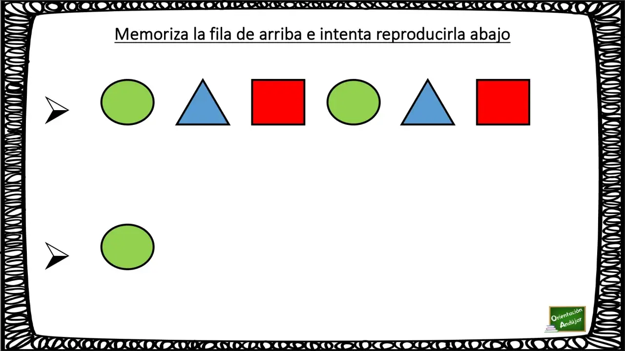 Fila de figuras geométricas: círculo verde, triángulo azul, cuadrado rojo, círculo verde, triángulo azul, cuadrado rojo. Abajo, un círculo verde.