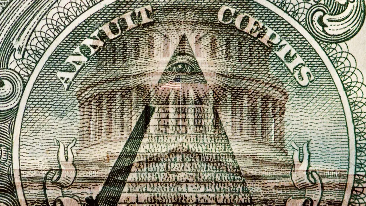 Oko opatrzności na piramidzie, symbol wolnomularstwa, na banknocie jednodolarowym.