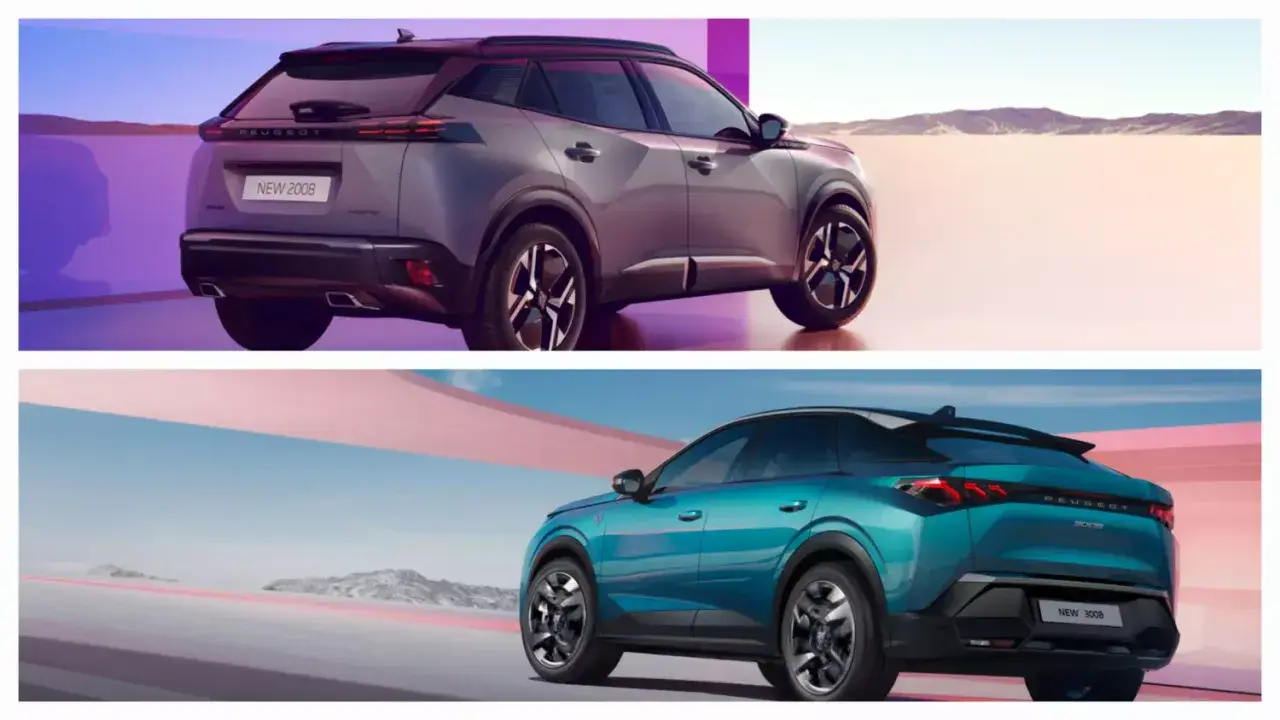Dwa modele 2008 peugeot: szary i turkusowy, prezentowane z tyłu na tle pustynnego krajobrazu i abstrakcyjnych form.