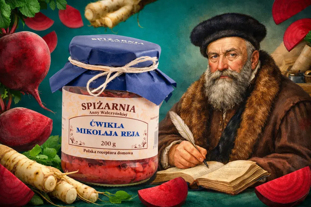 Słoik ćwikły z chrzanem, obok buraki i chrzan. Postać historyczna pisze piórem, jakby tworząc przepis na tę pyszną potrawę.
