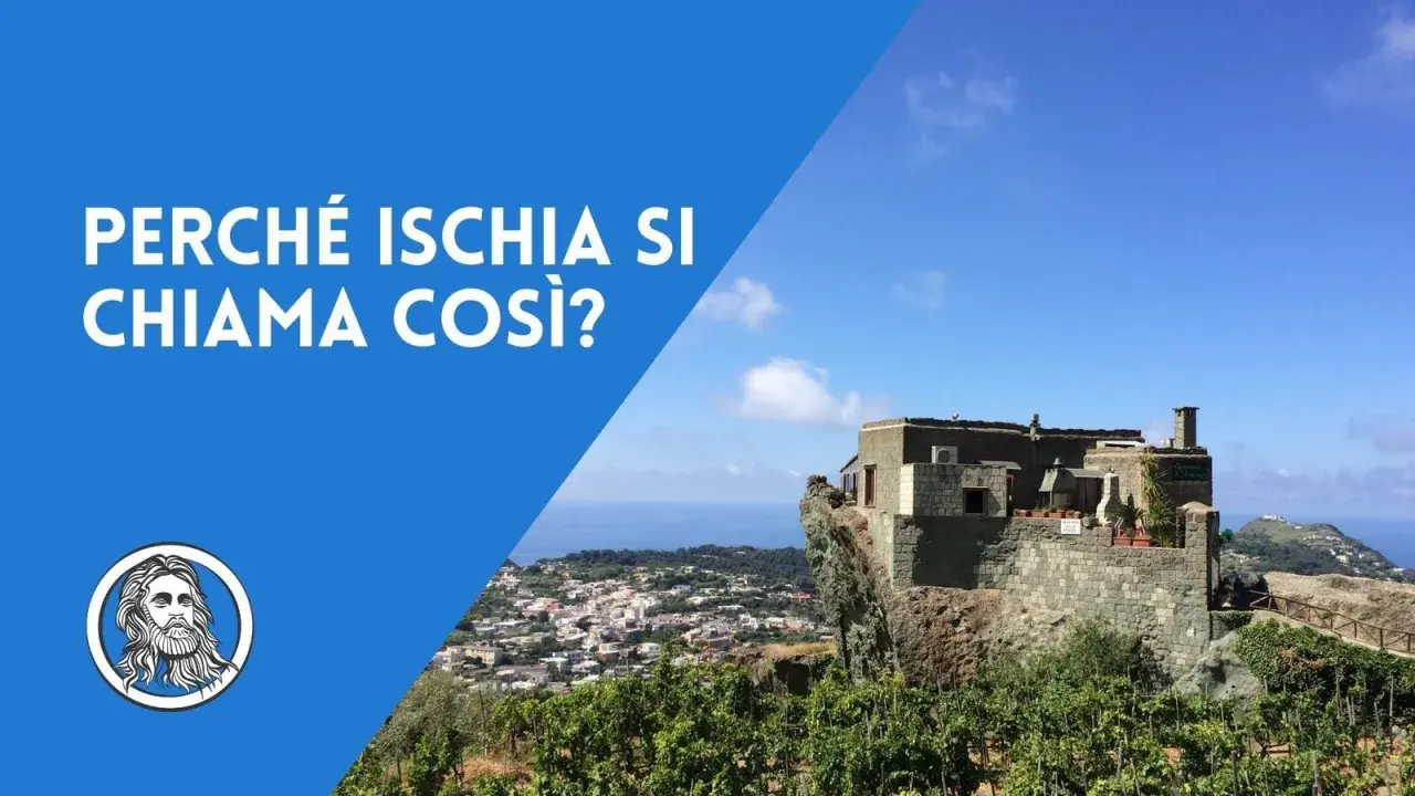 Il castello sul mare e la scritta "Perché Ischia si chiama così?" invitano a scoprire l'ischia etimologia.