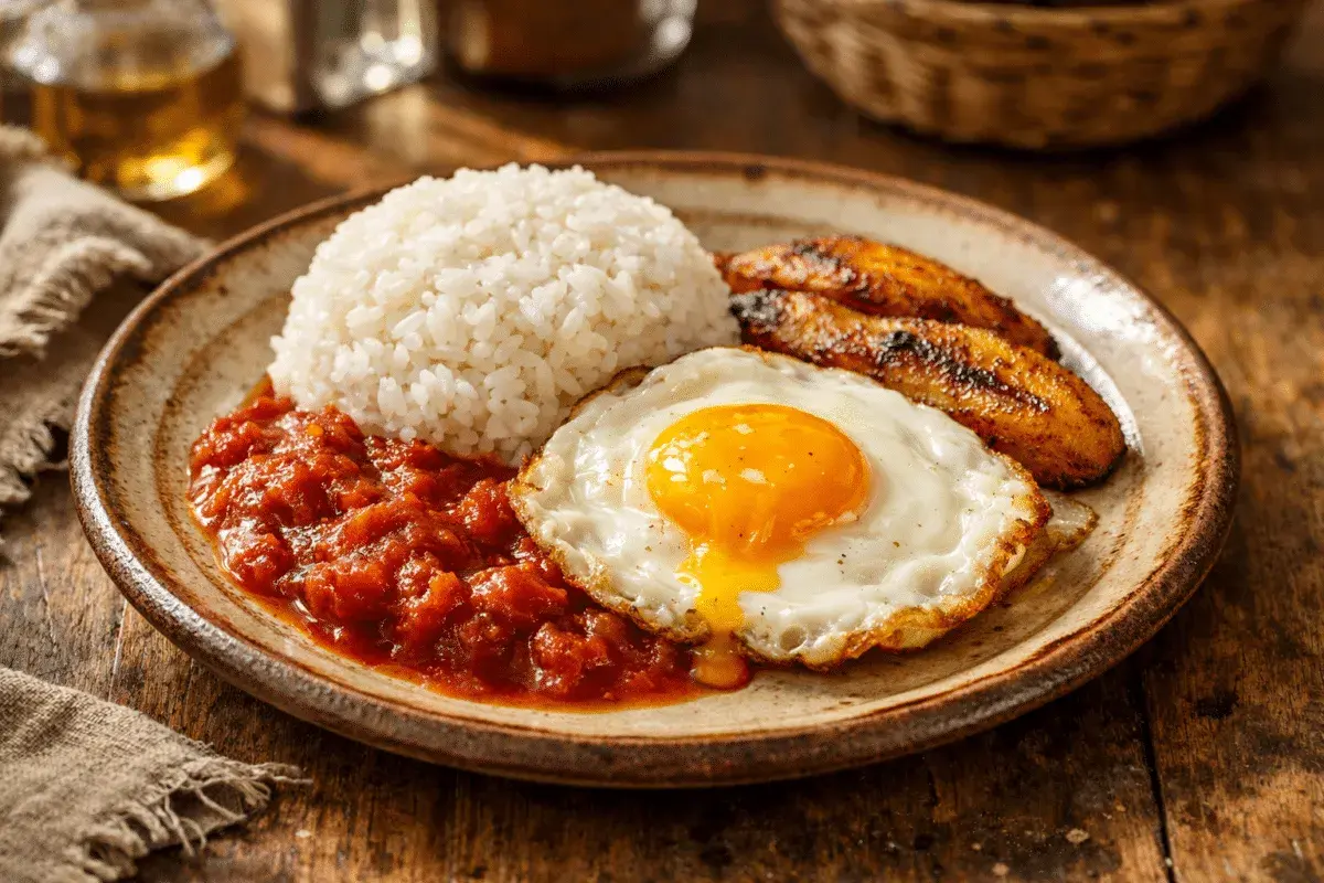 Un plato de arroz a la cubana con huevo frito, plátanos maduros fritos y salsa de tomate.