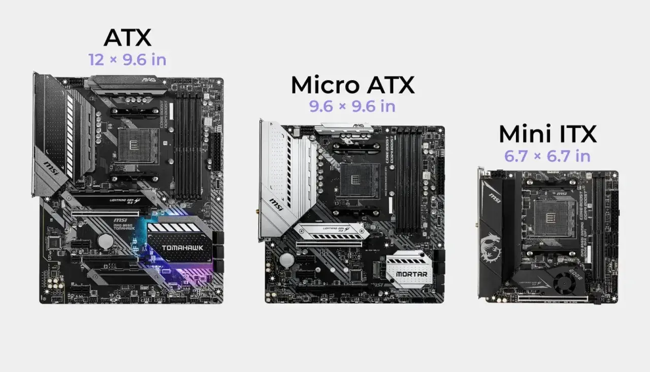 Tres placas base MSI de diferentes tamaños: ATX, Micro ATX y Mini ITX. Cada una es un componente esencial que define qué es la placa base.