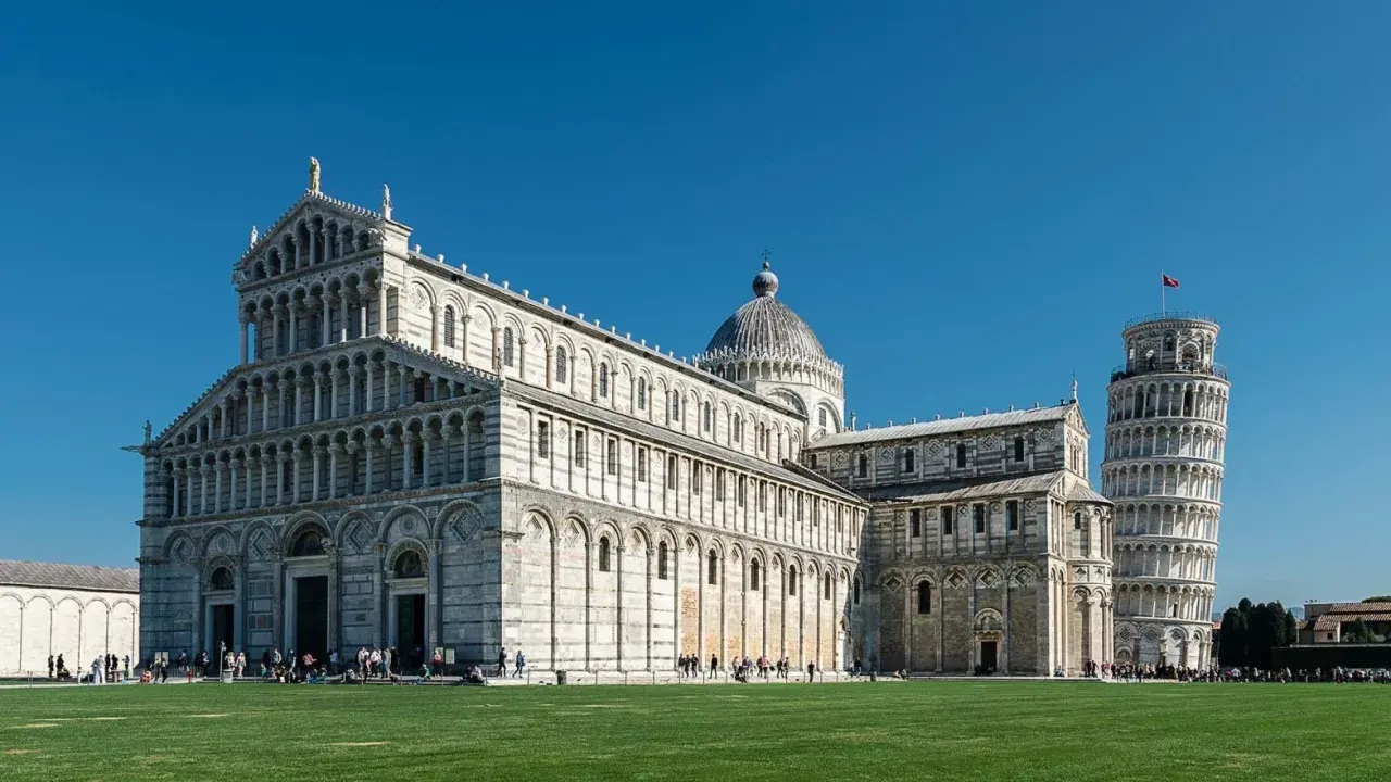 La piazza dei Miracoli a Pisa con il Duomo e la celebre torre di Pisa, simbolo della città, sotto un cielo azzurro.