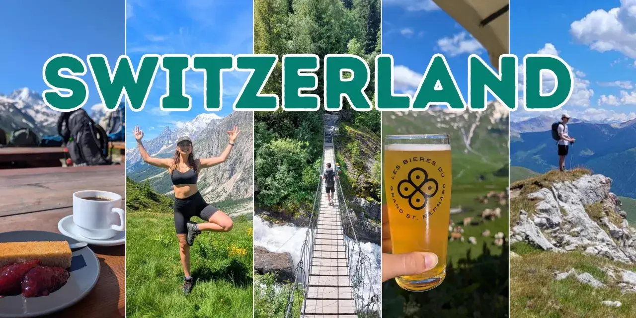 Switzerland collage: coffee & cake, hiker posing, suspension bridge, beer, and mountain vista. Wondering hoeveel km per uur wandel je?