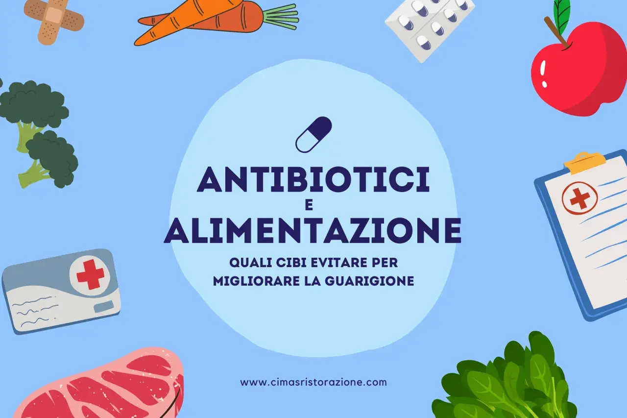 Antibiotici e alimentazione: cosa non mangiare con antibiotico amoxicillina per migliorare la guarigione. Broccolo, carote, mela, carne, spinaci, cerotti, pillole.