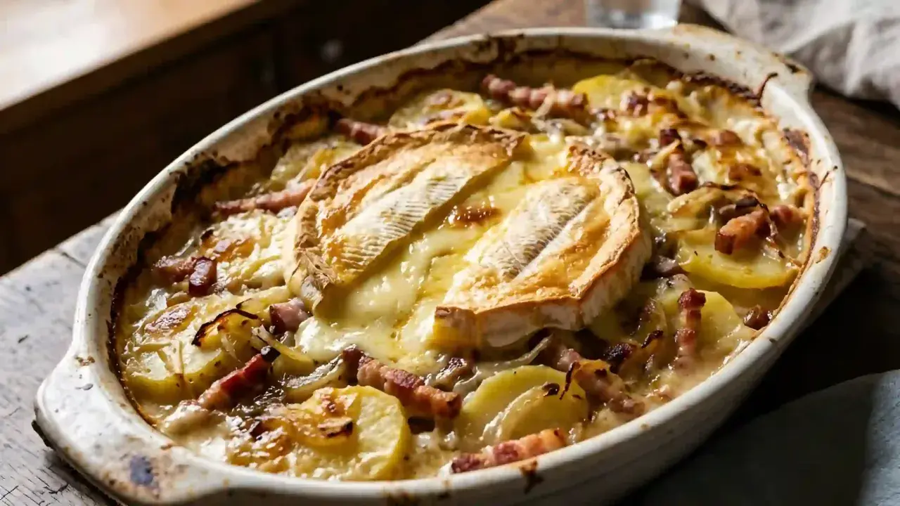 Plat gratiné de pommes de terre, lardons et reblochon fondant, prêt à déguster. Une délicieuse recette tartiflette qui réchauffe le cœur.