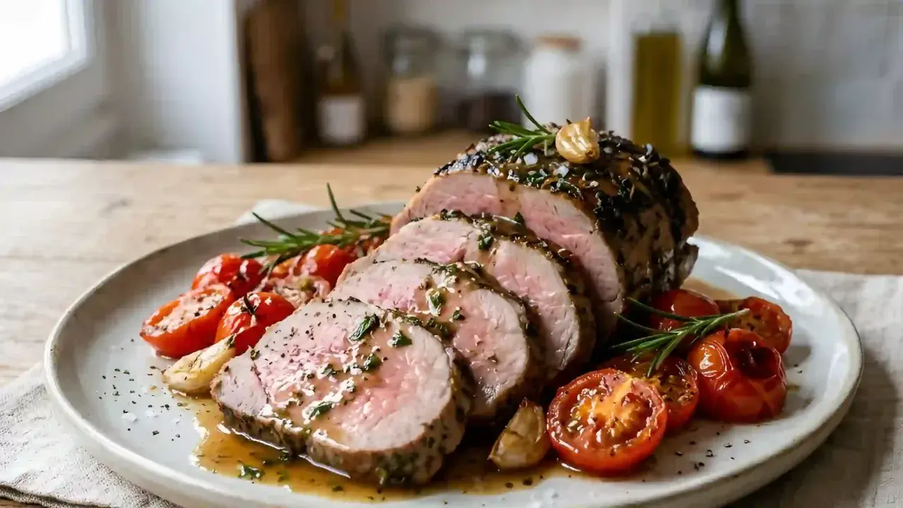 Un rôti de veau tendre, tranché et nappé d'une sauce savoureuse, accompagné de tomates cerises rôties et d'ail. Une délicieuse veau recette italienne.