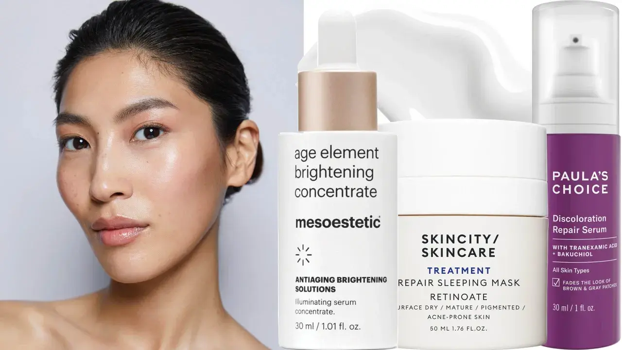 Ansiktsbehandling för melasma med serum från Mesoestetic och Paula's Choice.