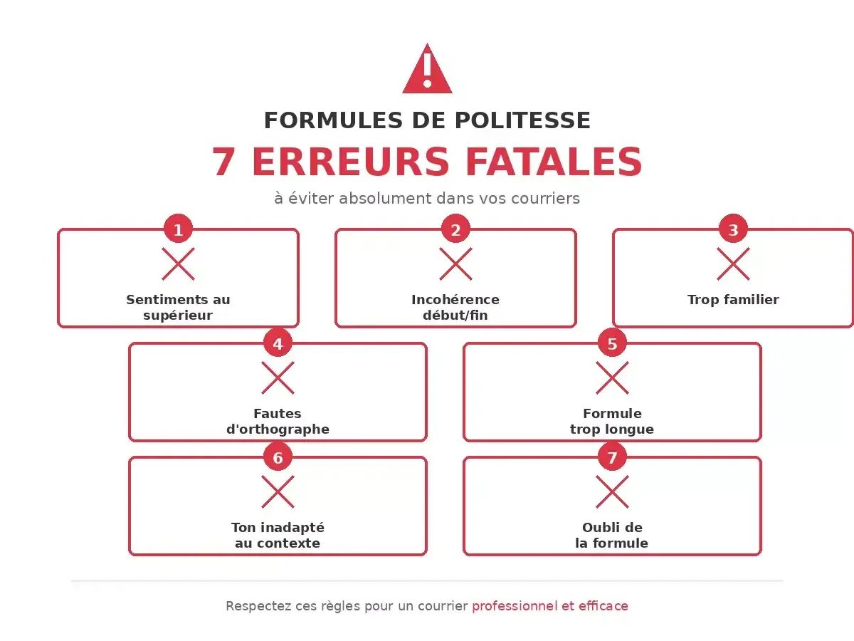 Infographie sur les formules de politesse : 7 erreurs à éviter. Idéal pour un modèle de lettre pour le maire gratuite et professionnelle.