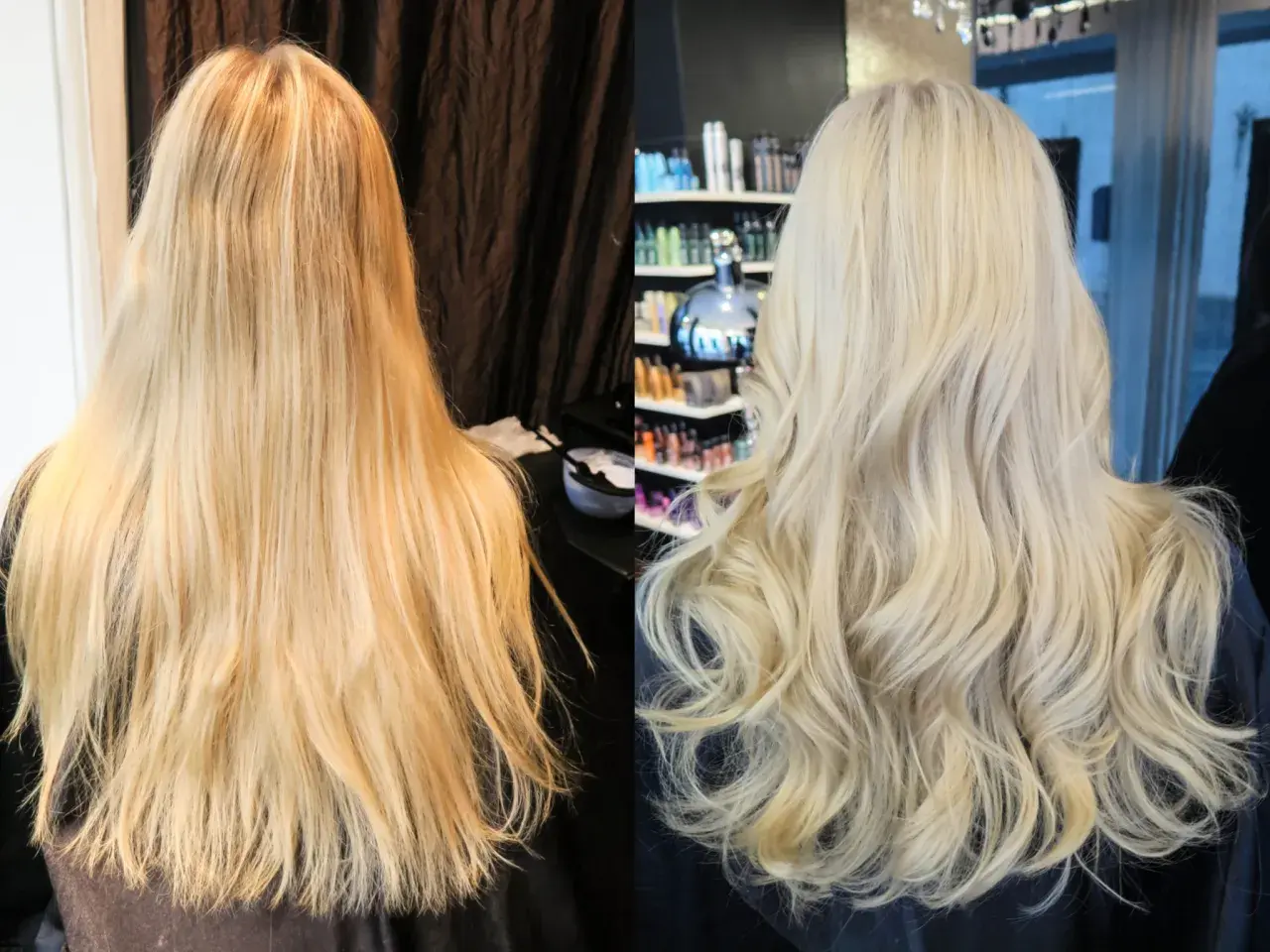 Före och efterbild på hår som fått bort gula toner. Från varmt blont till kallare, ljusare nyans.
