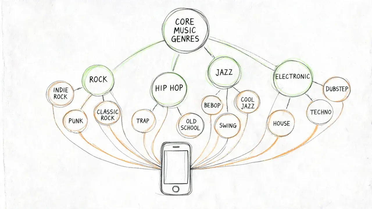 A diagram shows core music genres like Rock, Hip Hop, Jazz, and Electronic, with subgenres branching out, all connected to a smartphone, illustrating Spotify genres.