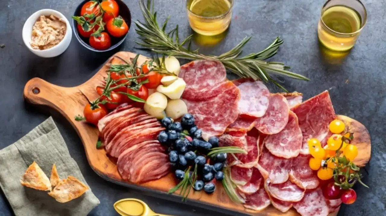 Un plateau charcuterie généreux avec différentes variétés de saucissons, tomates cerises, myrtilles et pain grillé. Une belle deco plateau charcuterie pour un apéritif gourmand.