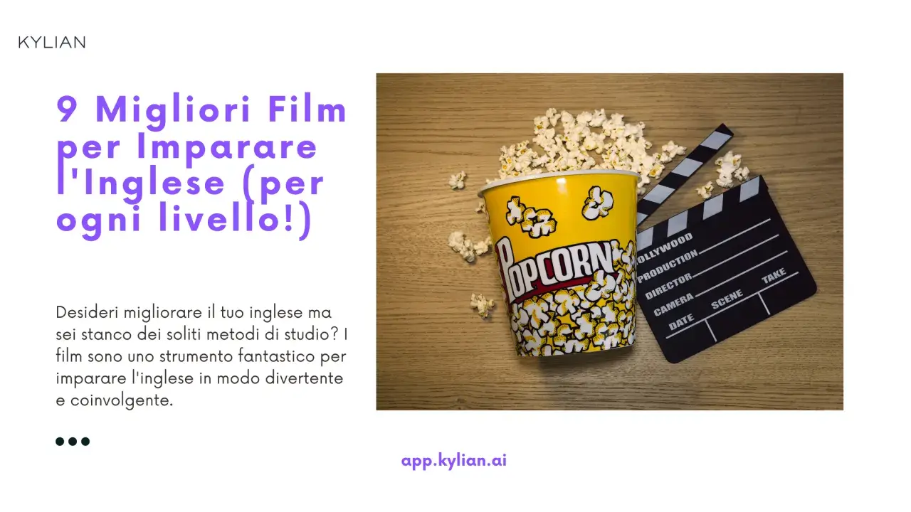 Secchiello di popcorn e ciak da cinema, perfetti per imparare l'inglese con film in lingua inglese.