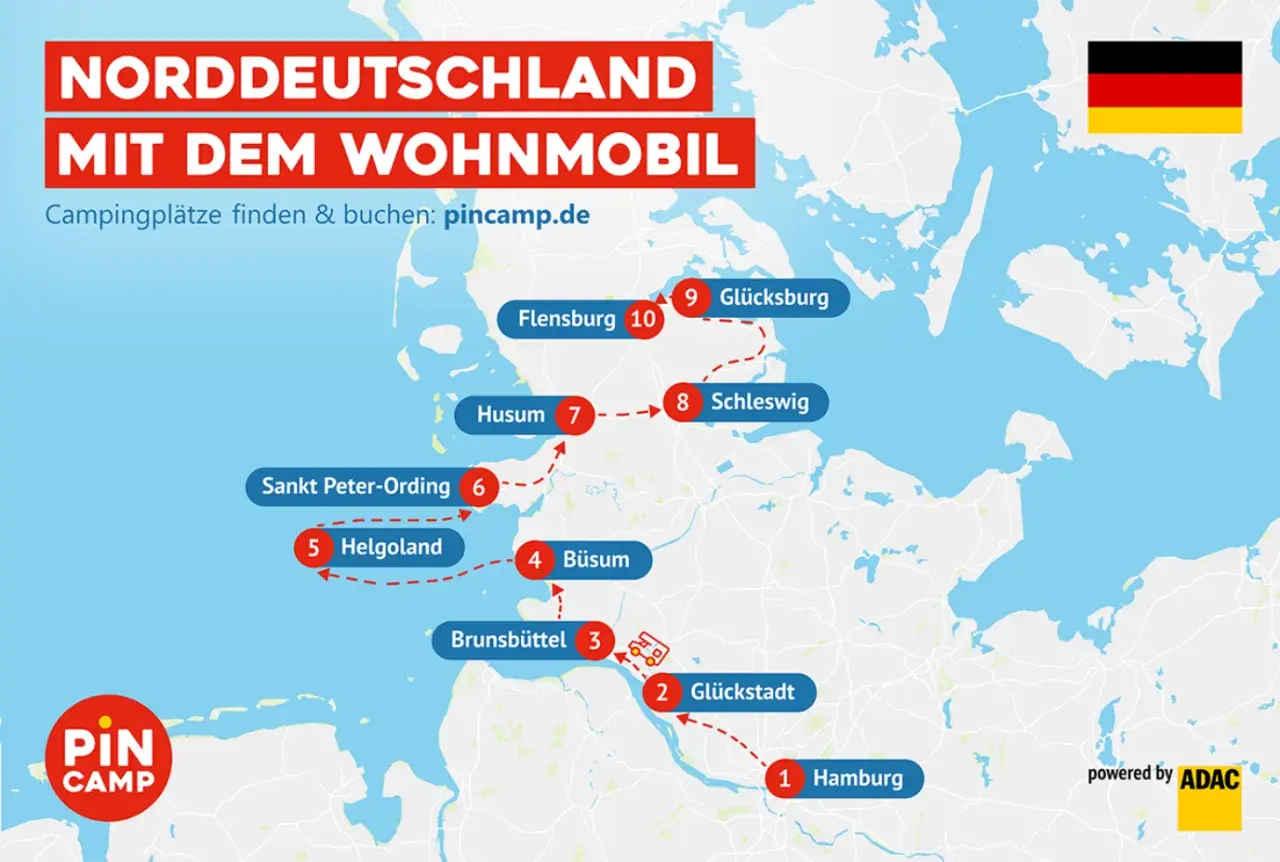 Reiseplan für Norddeutschland mit dem Wohnmobil: Von Hamburg (1) über Glückstadt (2) und Brunsbüttel (3) bis nach Büsum (4).