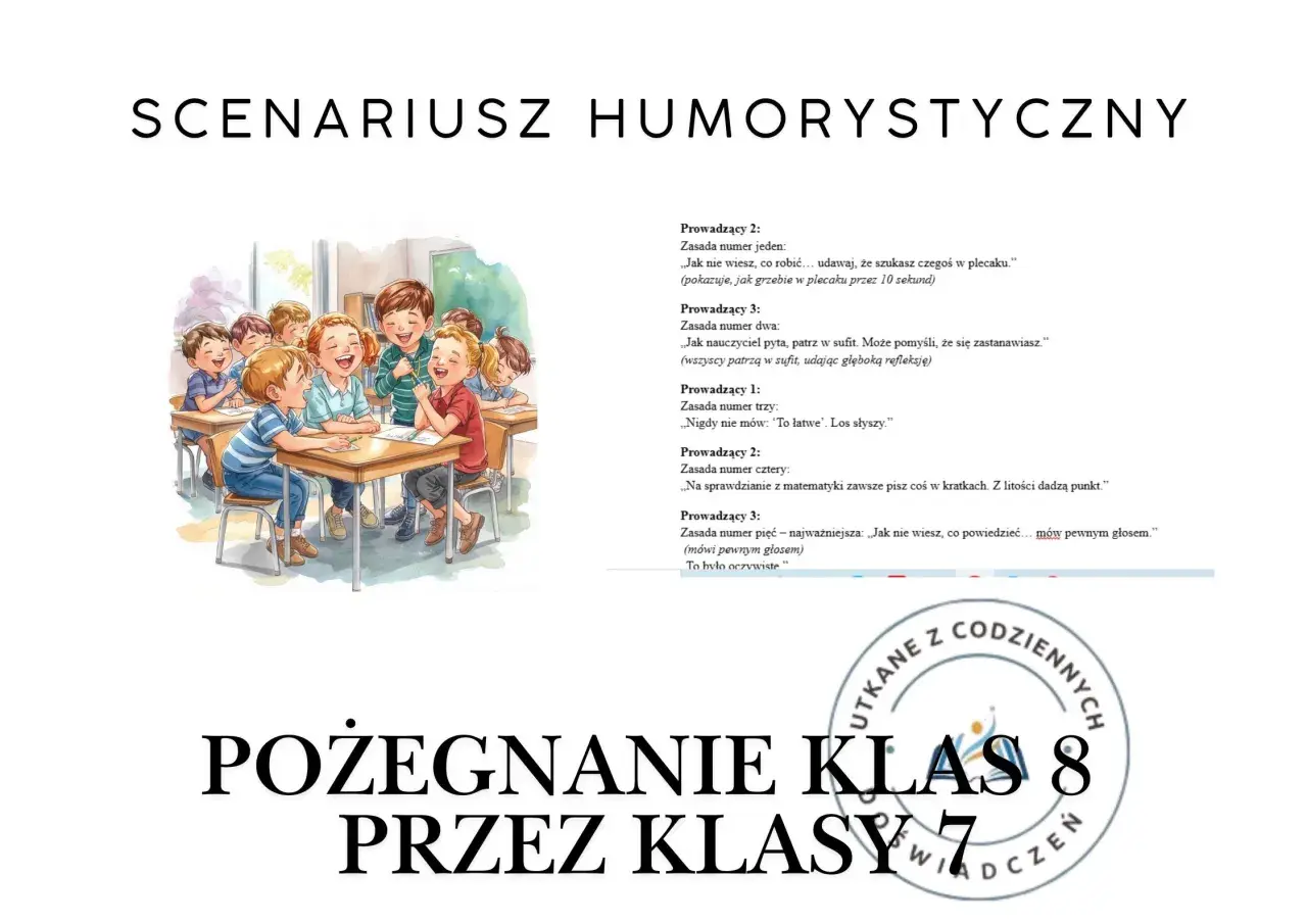 Humorystyczny scenariusz na pożegnanie klas 8, z wesołymi uczniami w tle. Zabawne zasady i dialogi.