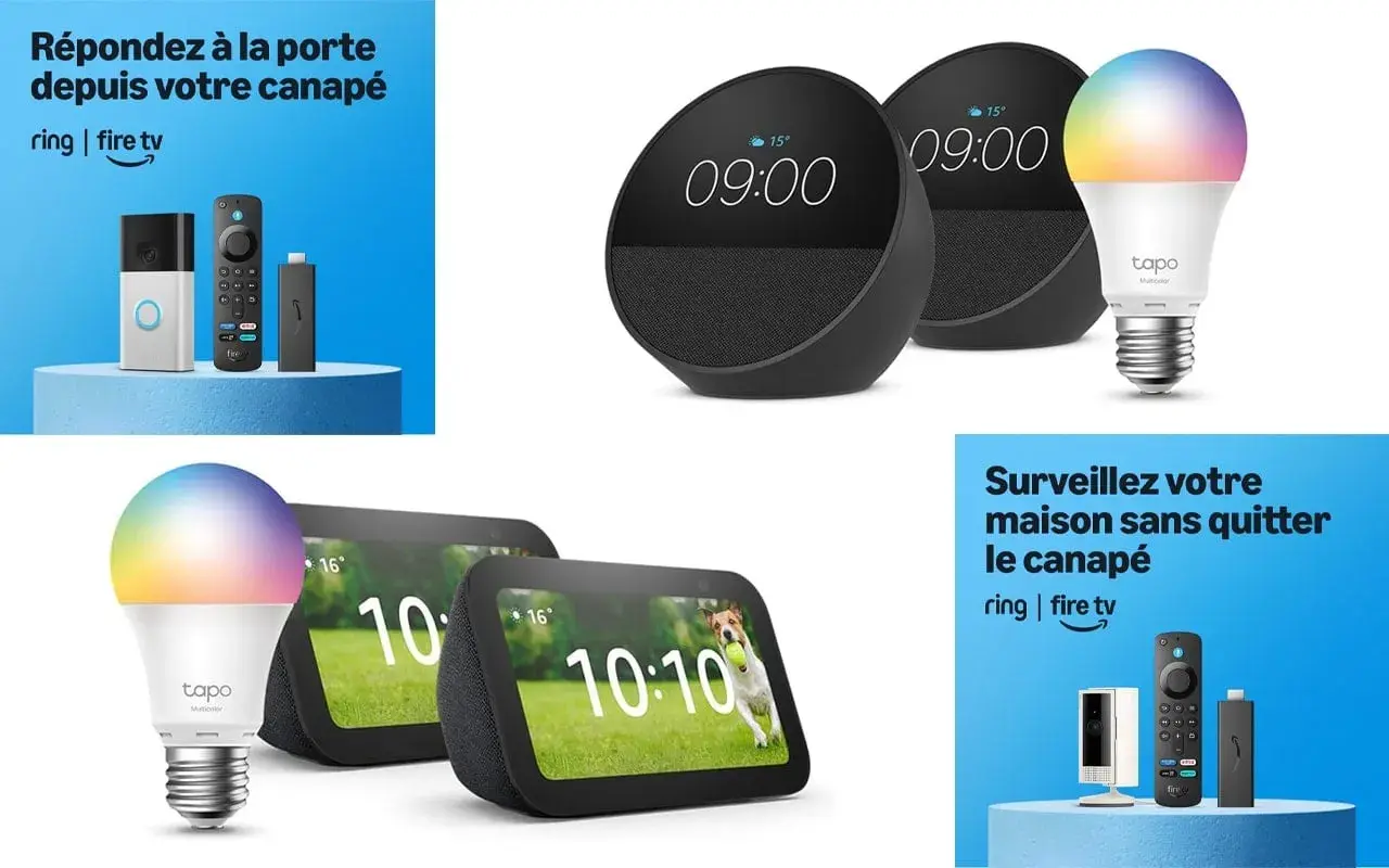 Des appareils connectés, dont une ampoule colorée et des enceintes intelligentes, pour simplifier votre quotidien avec l'aide de votre alexa assistant.