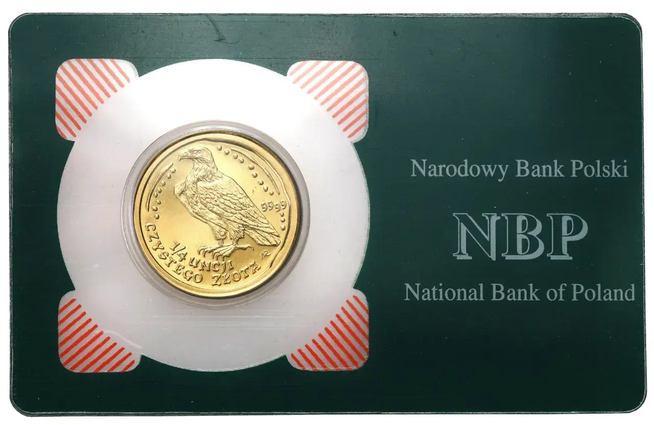 Złota moneta z orłem bielikiem, 1/4 uncji czystego złota, Narodowy Bank Polski.