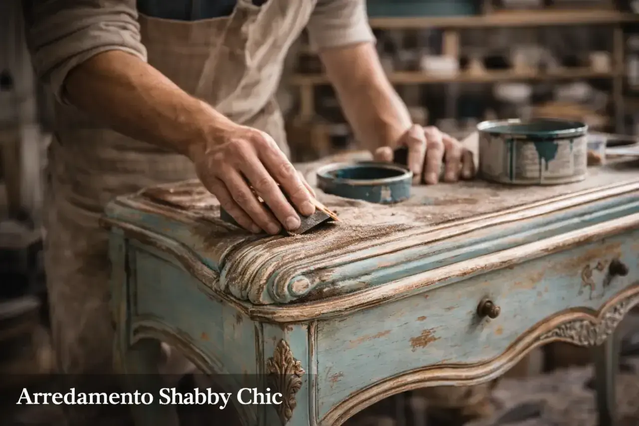 Mani esperte levigano un mobile antico per restaurarlo in stile shabby.