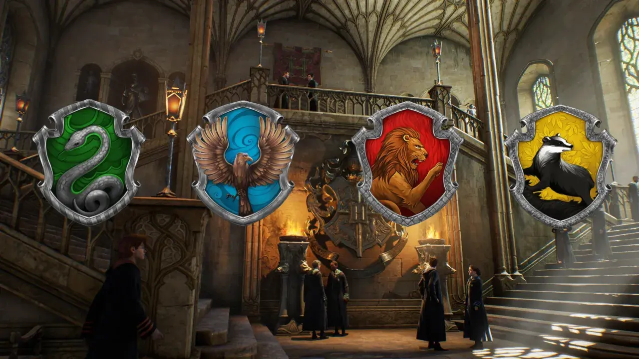 Herb Gryffindoru, Slytherinu, Hufflepuffu i Ravenclawu unoszą się w Wielkiej Sali. Do jakiego domu w Hogwarcie należysz?