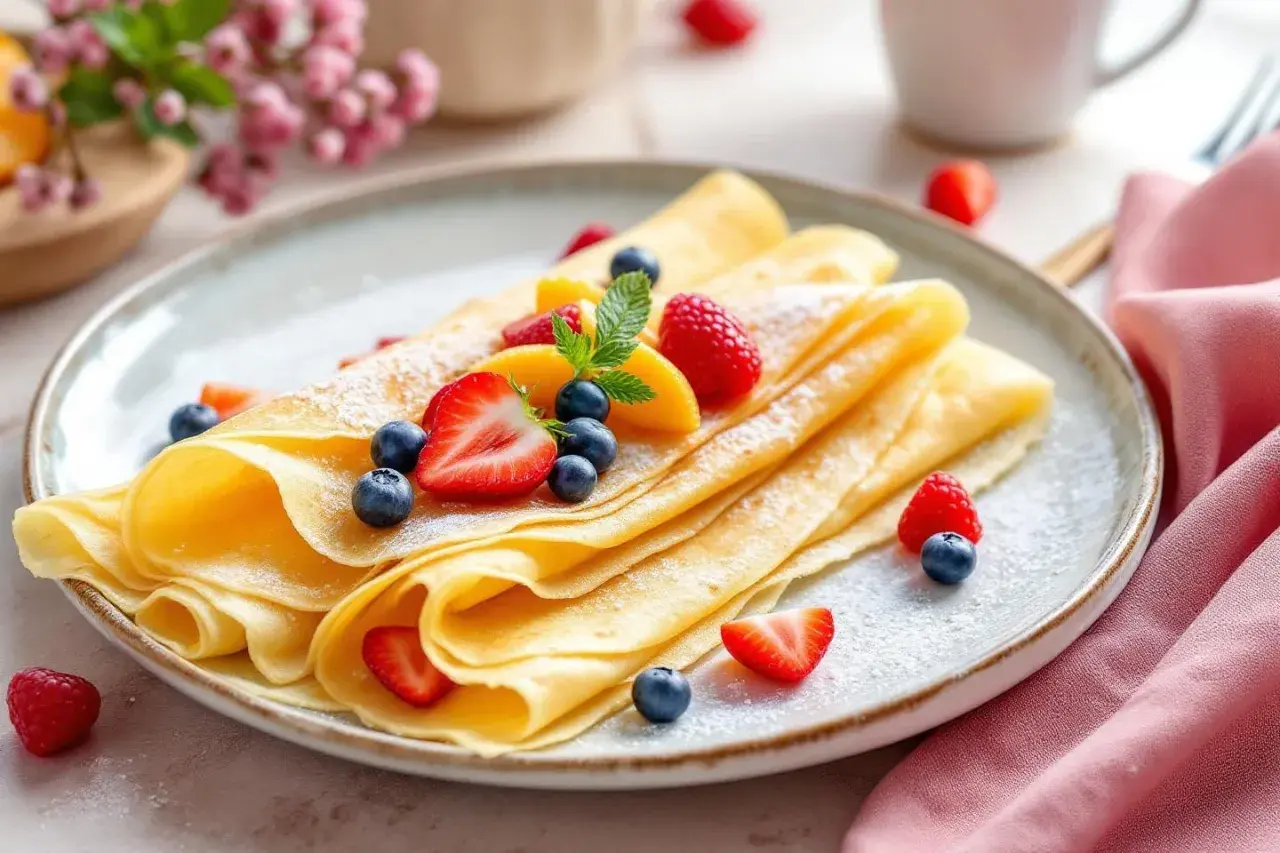Crêpes dorées garnies de fruits rouges et de menthe, parfaites pour une recette pâte à crêpe facile sans repos.