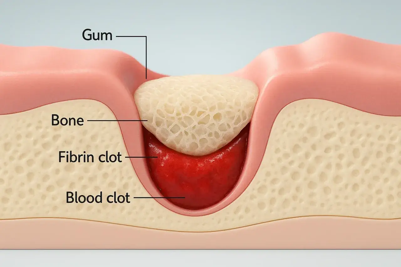 Sezione della gengiva dopo estrazione dente: coagulo di sangue e fibrina nel cavo osseo.