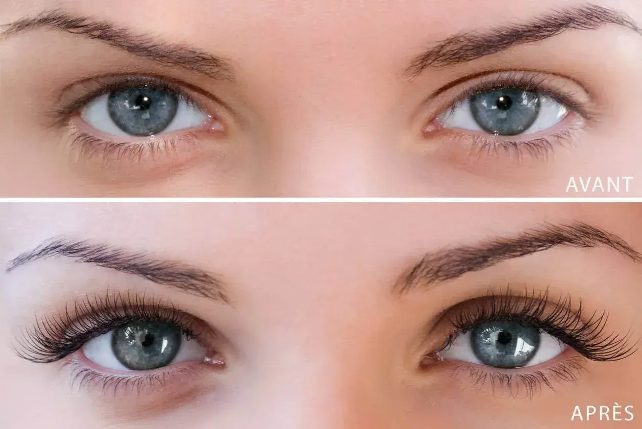 Avant/Après : des yeux bleus magnifiés par une extension de cils différente pose, pour un regard intense et glamour.