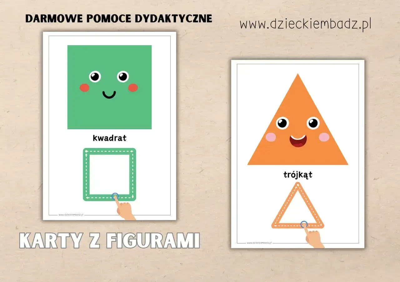 Karty z figurami: wesoły zielony kwadrat i pomarańczowy trójkąt zachęcają do nauki kształtów. Ta praca plastyczna z figur geometrycznych to świetna zabawa.