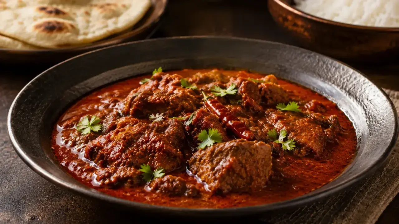 En mustig köttgryta med en rik, röd sås, toppad med koriander och en torkad chili. Perfekt för ett autentiskt vindaloo recept.