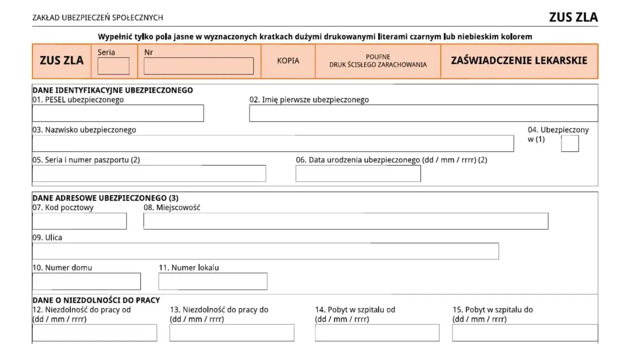 Formularz ZUS ZLA, zaświadczenie lekarskie. Wypełniane dane identyfikacyjne, adresowe i o niezdolności do pracy.