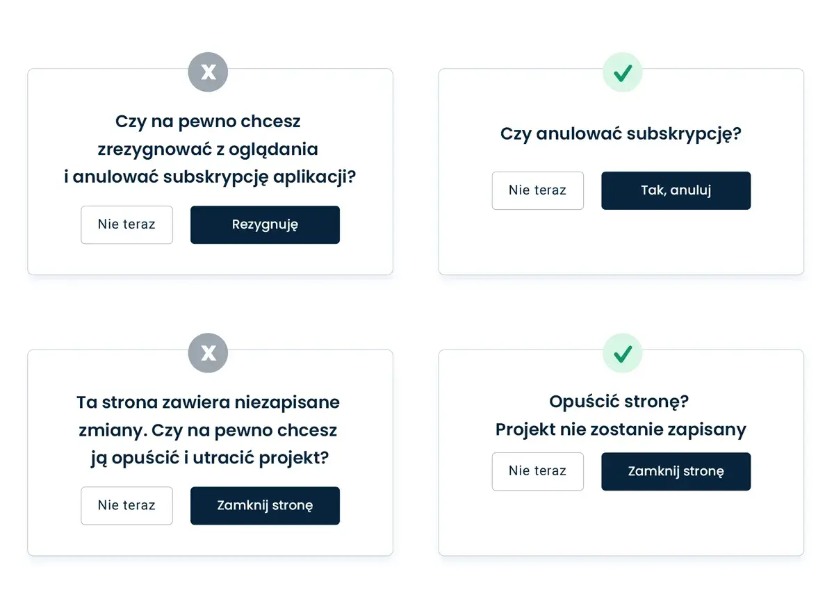 Przykłady komunikatów potwierdzających, które mógł stworzyć ux writer: anulowanie subskrypcji, rezygnacja z oglądania, opuszczenie strony z niezapisanymi zmianami.