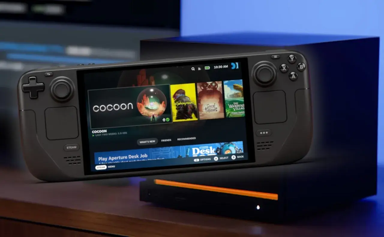 Przenośna konsola Valve Steam Deck z ekranem wyświetlającym gry, w tym "Cocoon" i "Sea of Thieves".