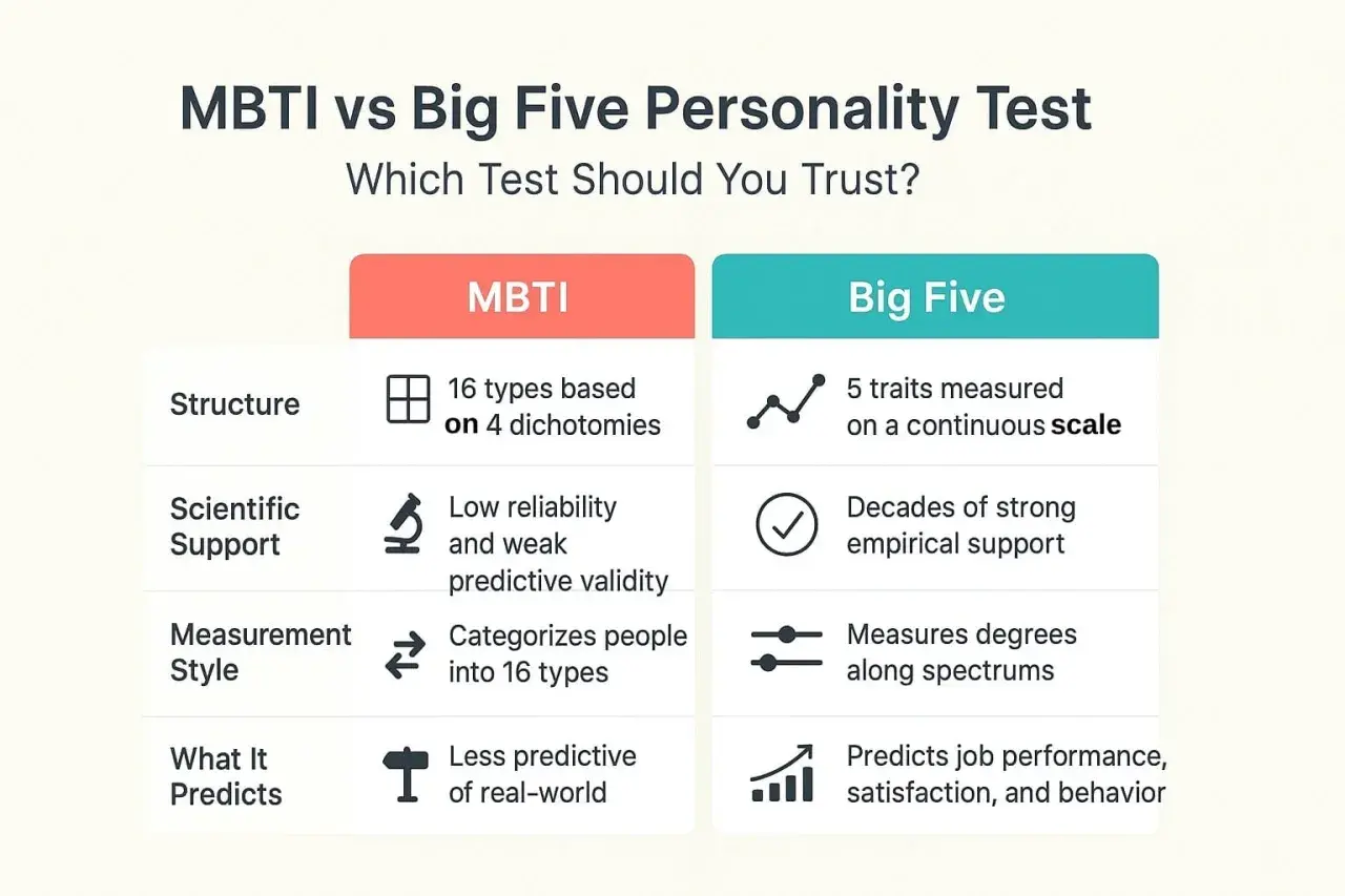 Porównanie MBTI i Big Five: MBTI ma 16 typów osobowości, Big Five mierzy 5 cech na skali. Big Five ma silniejsze wsparcie naukowe.