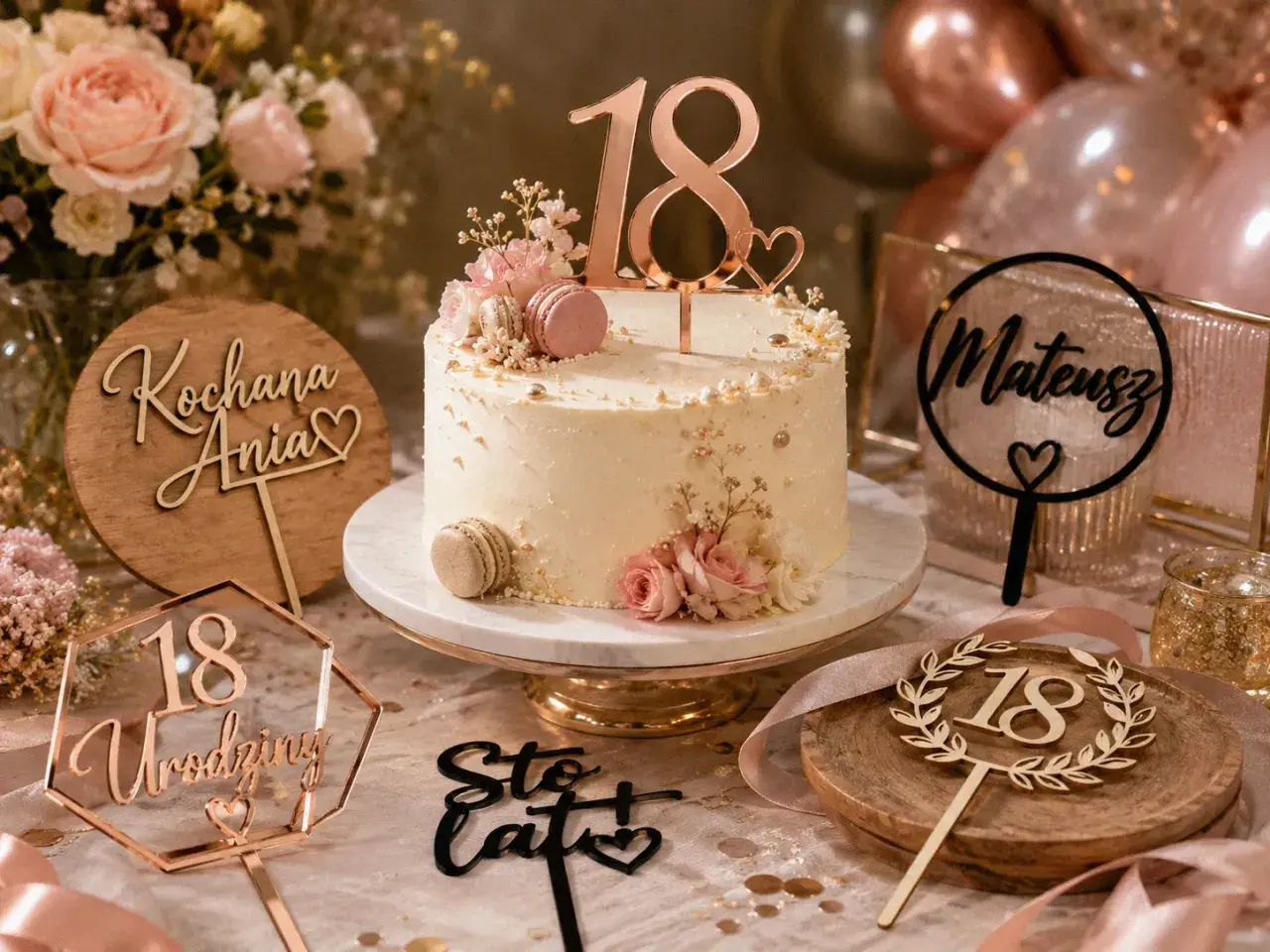 Elegancki tort na 18. urodziny z ozdobami, w tym topperem "18" i imieniem "Mateusz".