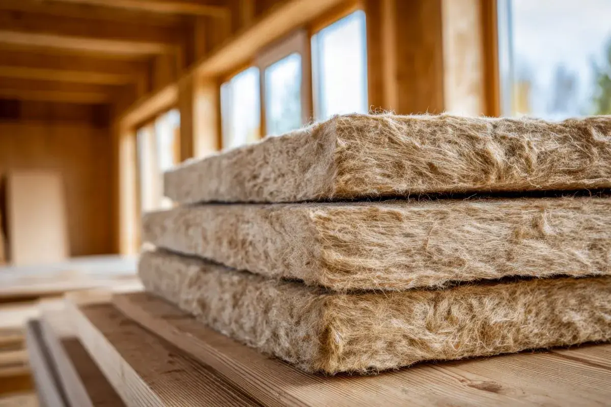Pannelli isolanti per soffitto a vista, in attesa di essere installati in una nuova costruzione con travi in legno a vista.