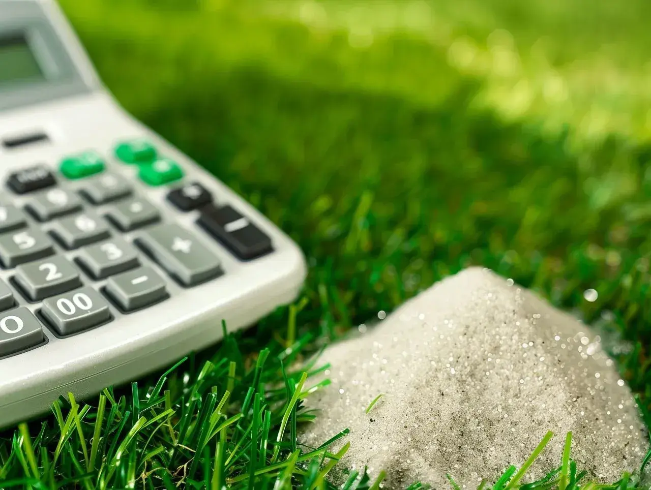 Calculadora sobre césped artificial, calculando la cantidad de arena para un proyecto de 100 m2.
